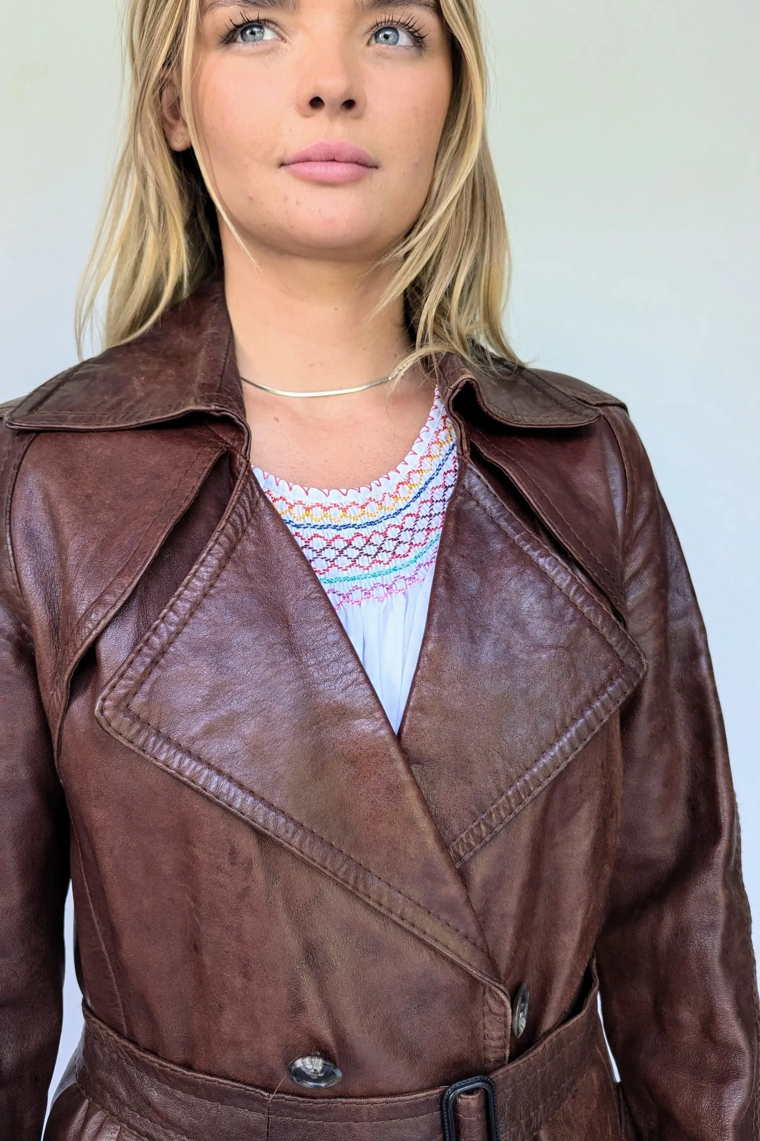 1970's Long Brown Leather Trench Coat