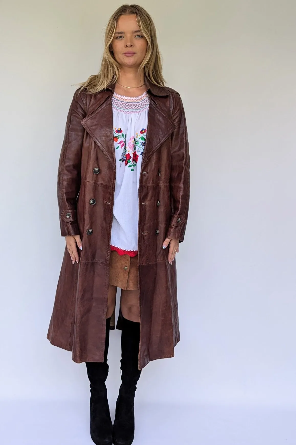 1970's Long Brown Leather Trench Coat