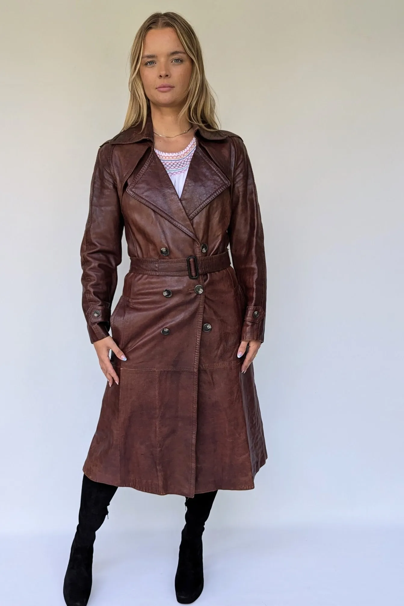 1970's Long Brown Leather Trench Coat