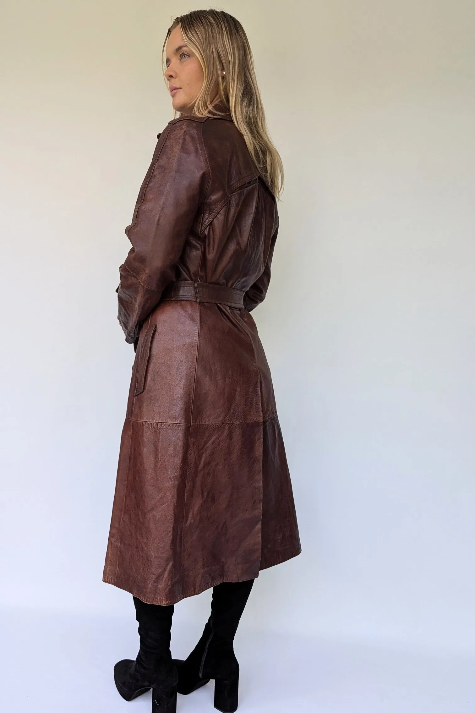 1970's Long Brown Leather Trench Coat