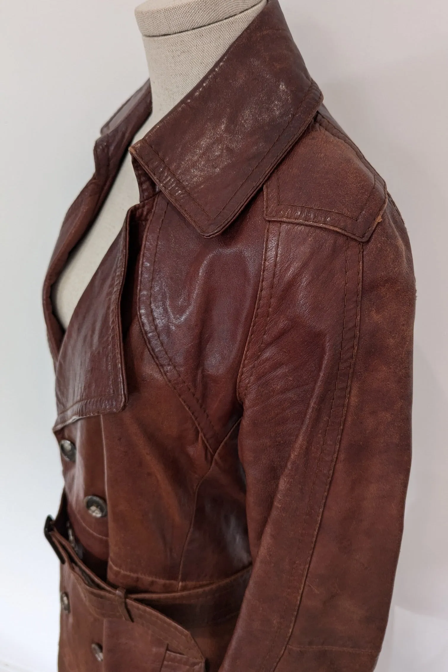 1970's Long Brown Leather Trench Coat