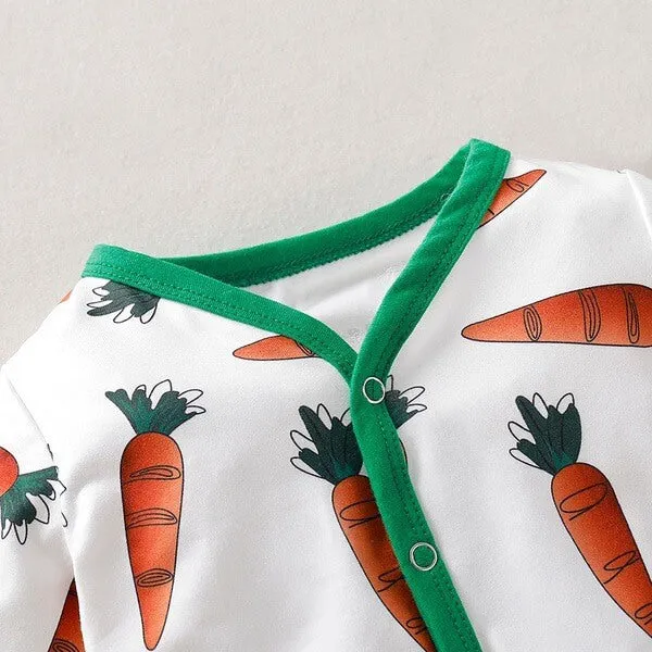 Baby Carrot Printed Romper and Bunny Rabbit Ears Hat 2pcs Suit