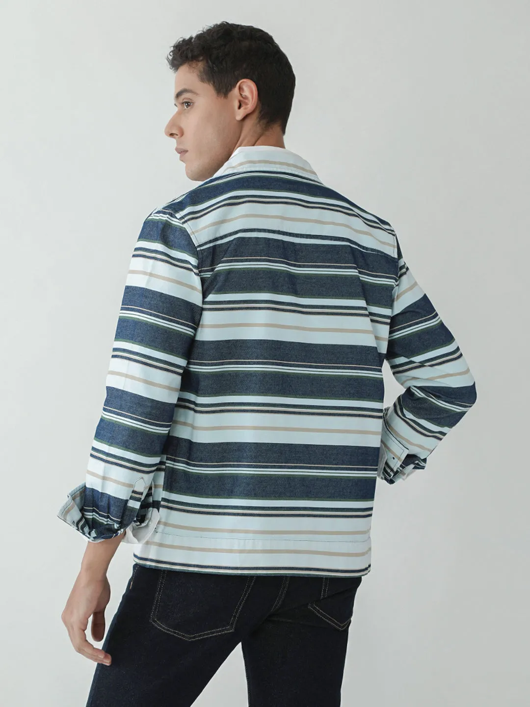 Beige Striped Zipper Jacket