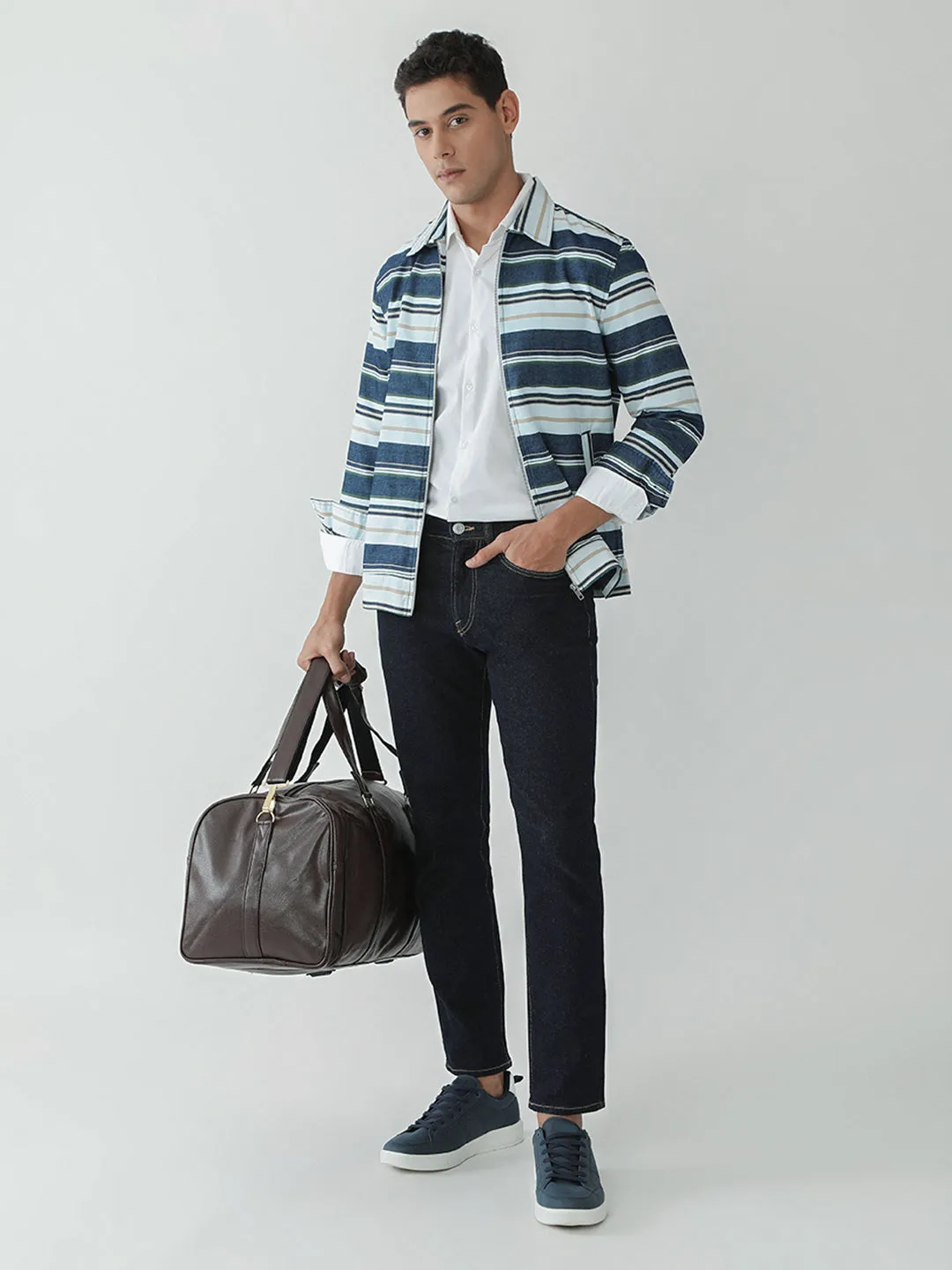 Beige Striped Zipper Jacket