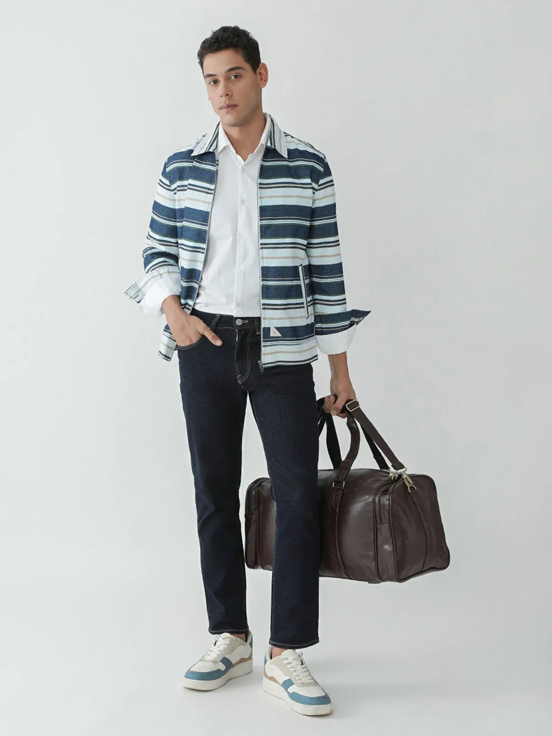 Beige Striped Zipper Jacket