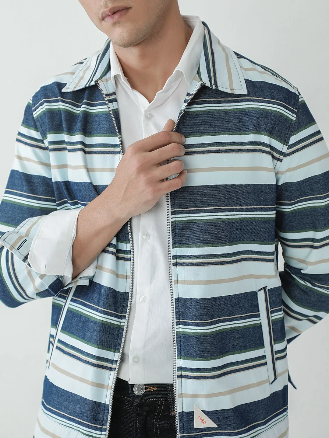 Beige Striped Zipper Jacket