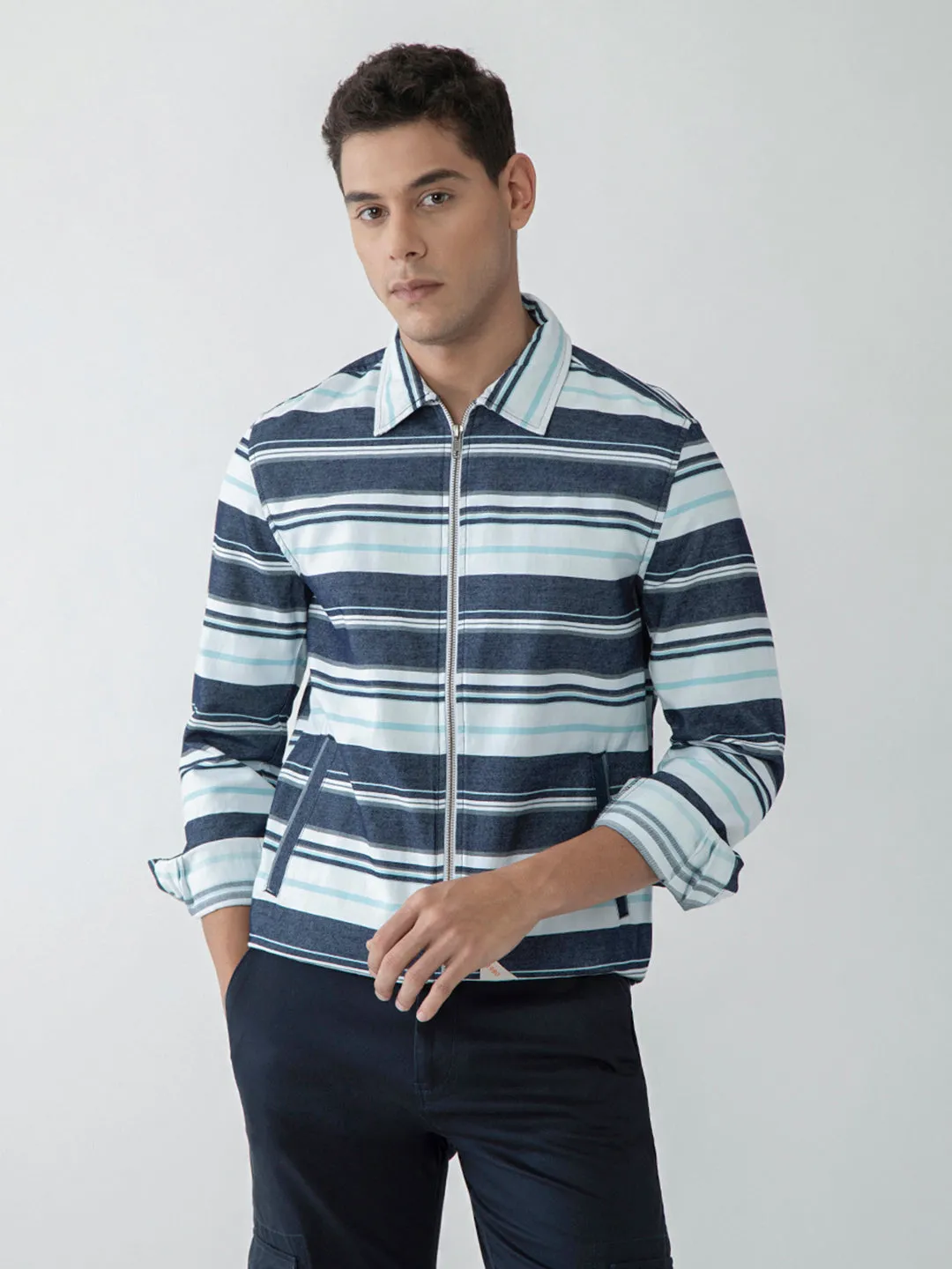 Blue Striped Zipper Jacket