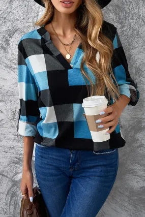 Contrast Color V Neck Checked Long Sleeve Top