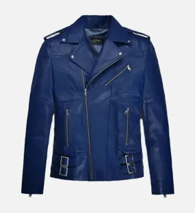 Men's Blue Leather Biker Jacket