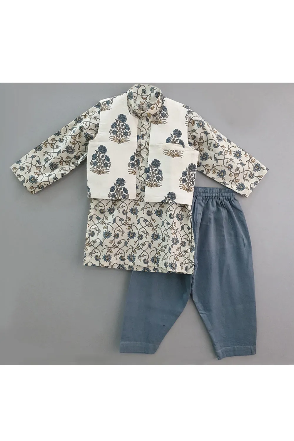 Off white and teal blue floral printed jacket with kurta and blue pyjama