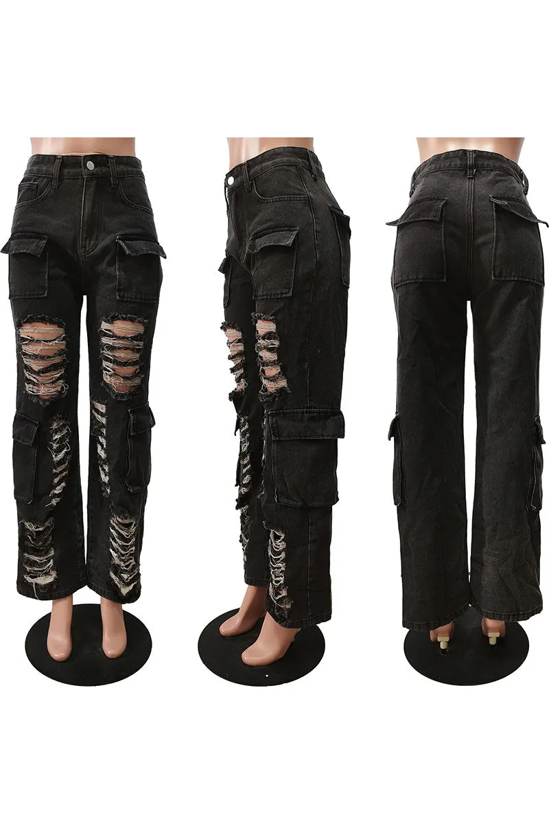 PC554 Distressed Denim Straight Jeans