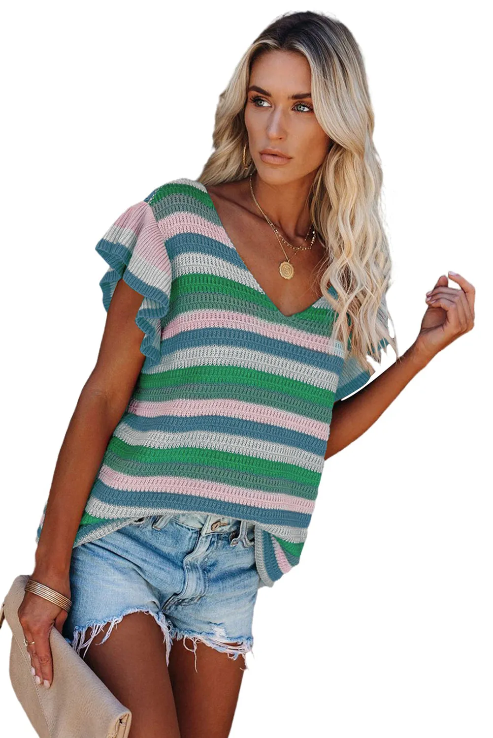 Rainbow Striped Ruffle Short Sleeve Knit Top