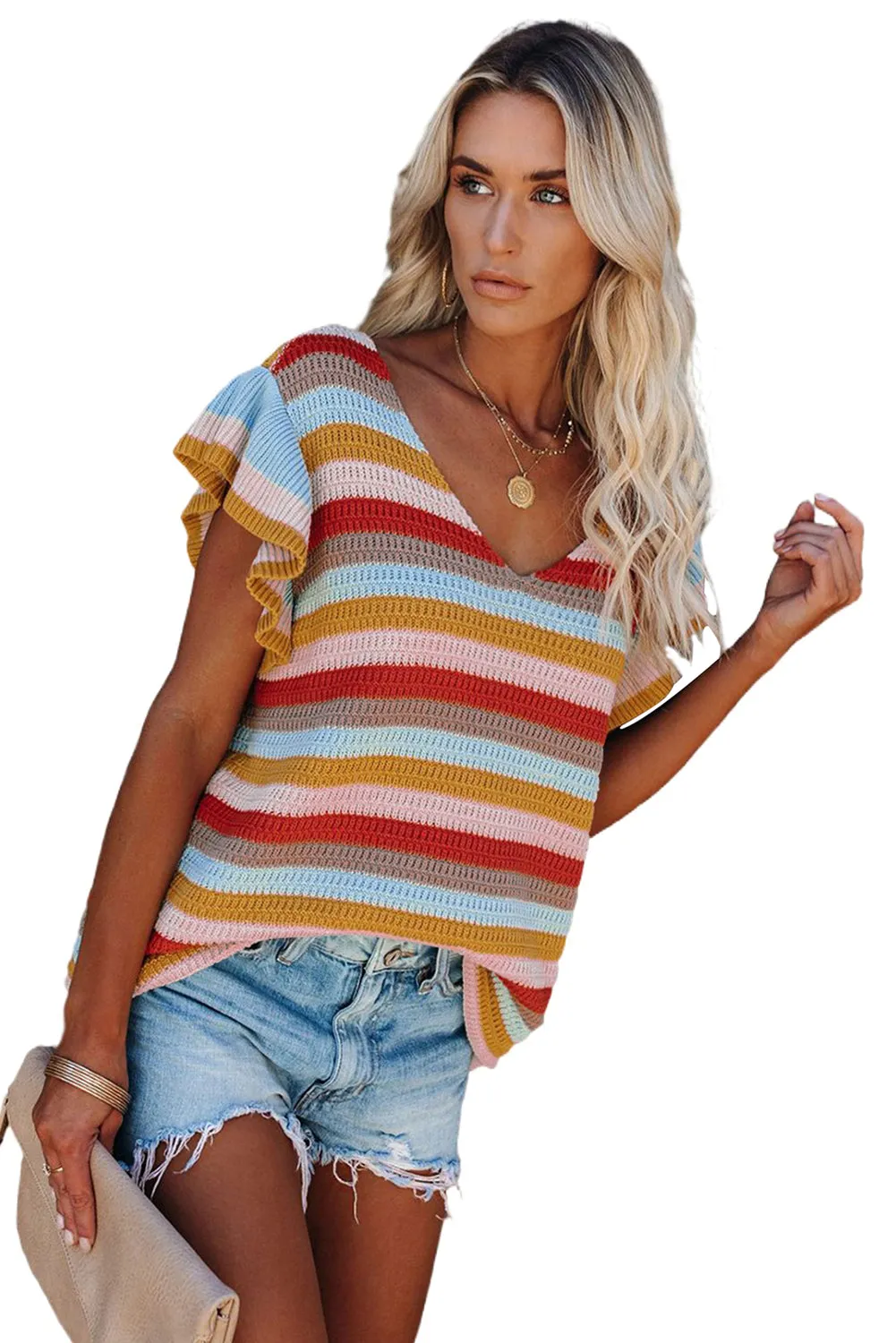 Rainbow Striped Ruffle Short Sleeve Knit Top