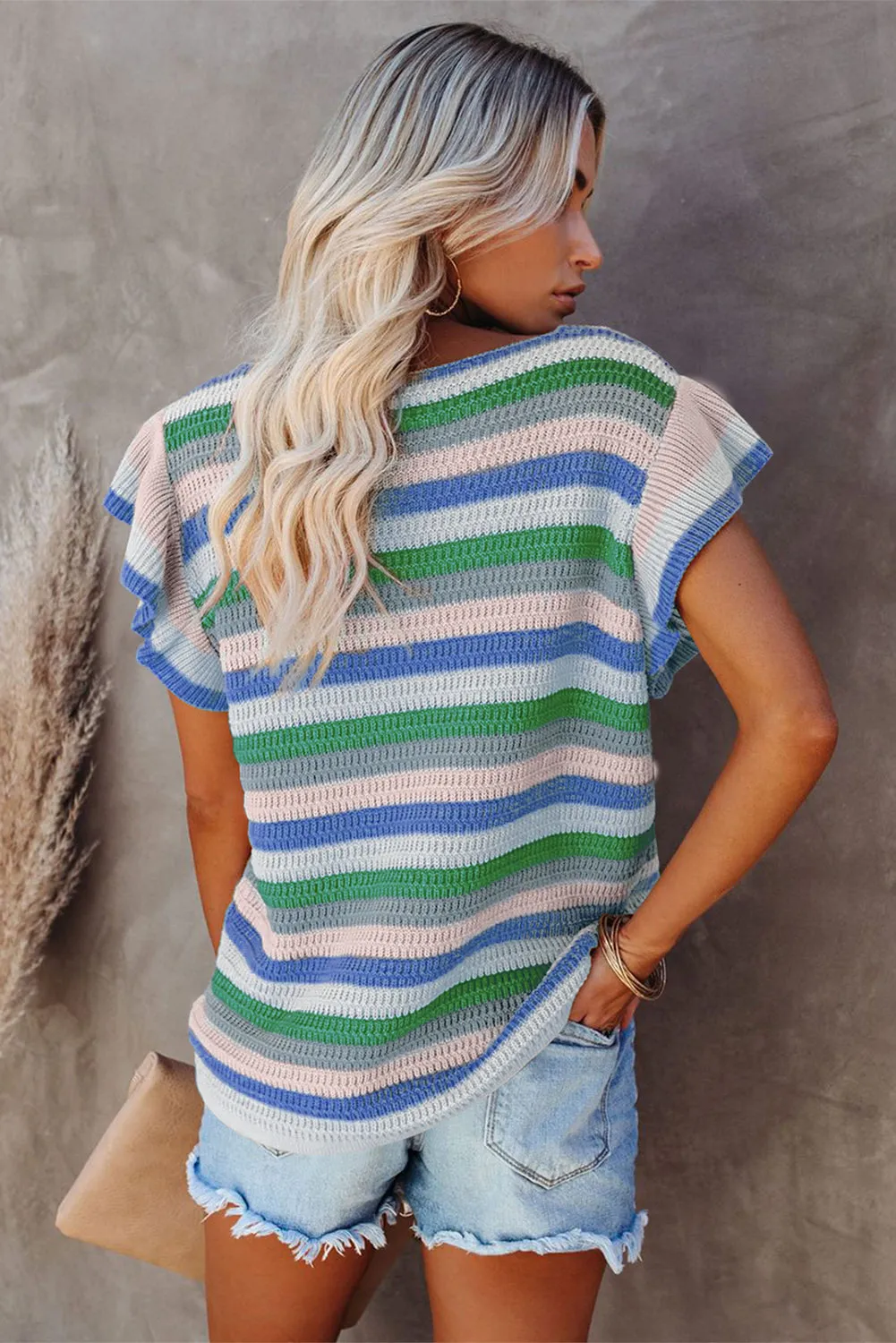 Rainbow Striped Ruffle Short Sleeve Knit Top