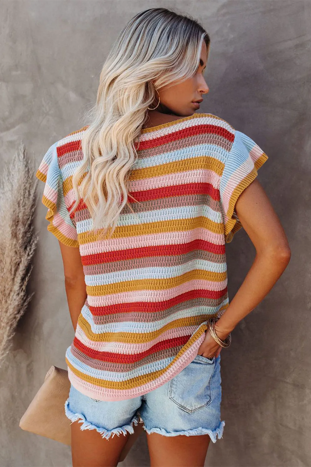 Rainbow Striped Ruffle Short Sleeve Knit Top