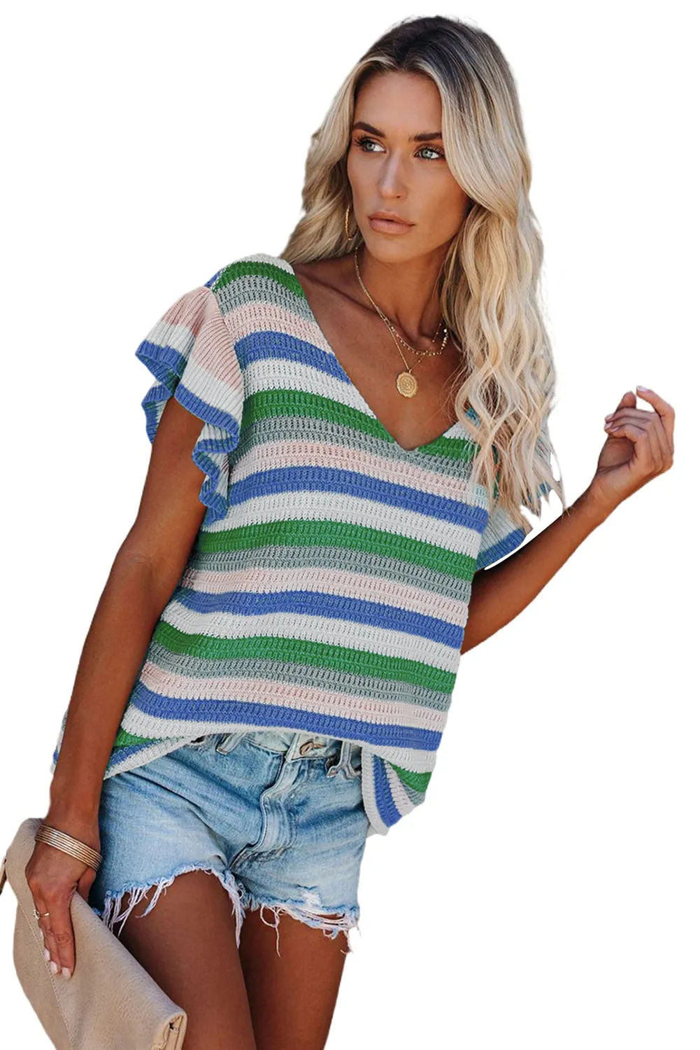 Rainbow Striped Ruffle Short Sleeve Knit Top