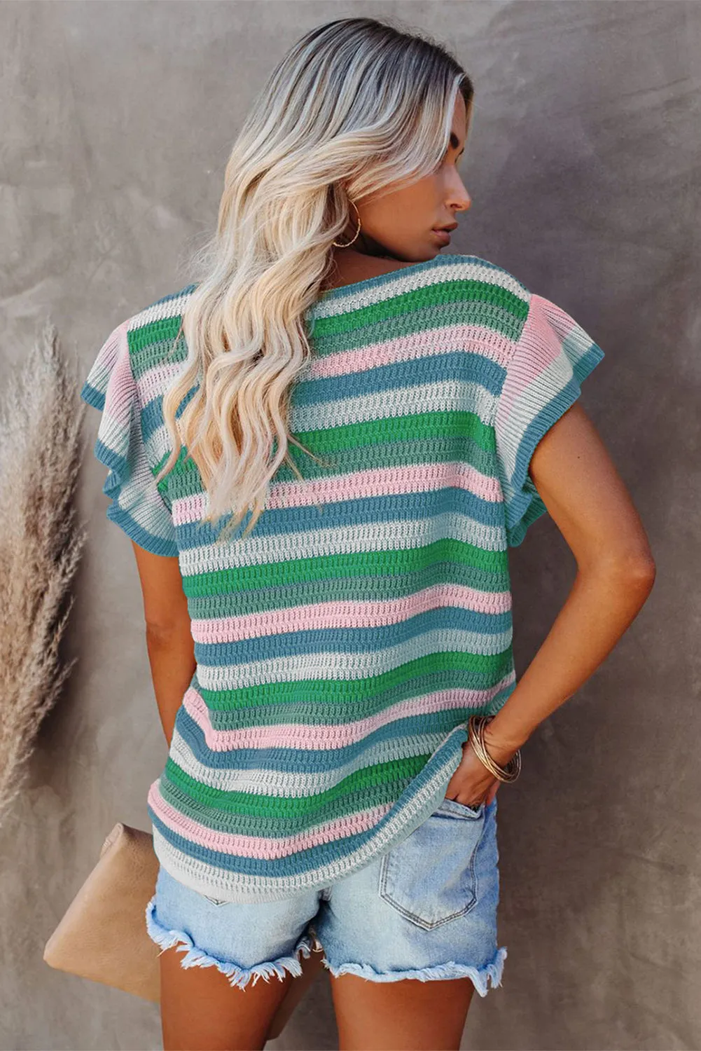 Rainbow Striped Ruffle Short Sleeve Knit Top