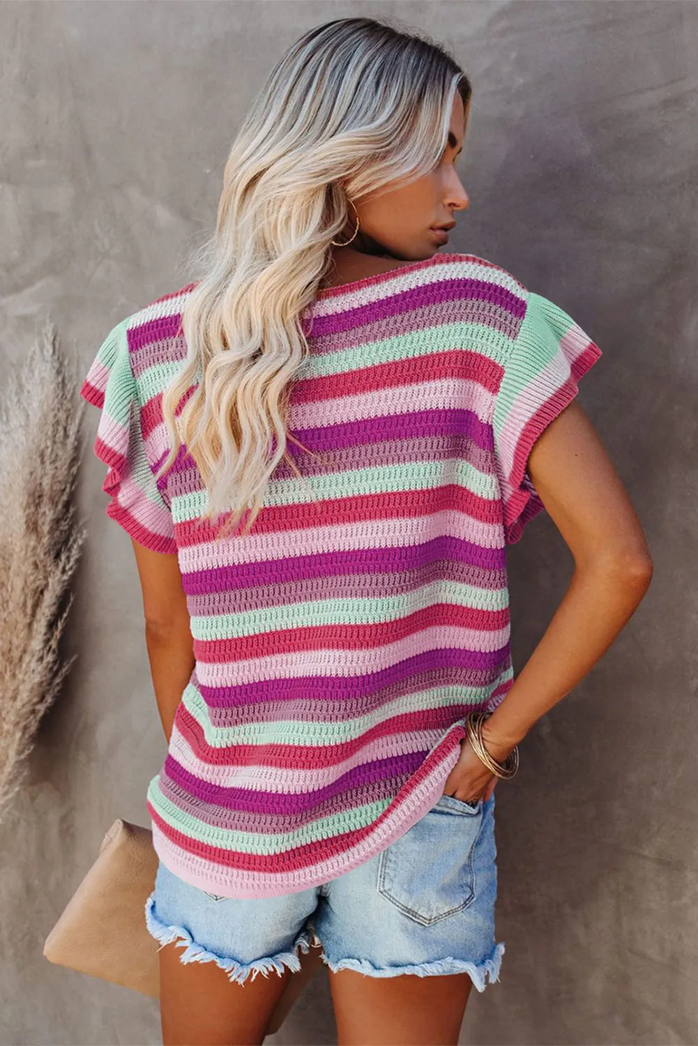 Rainbow Striped Ruffle Short Sleeve Knit Top