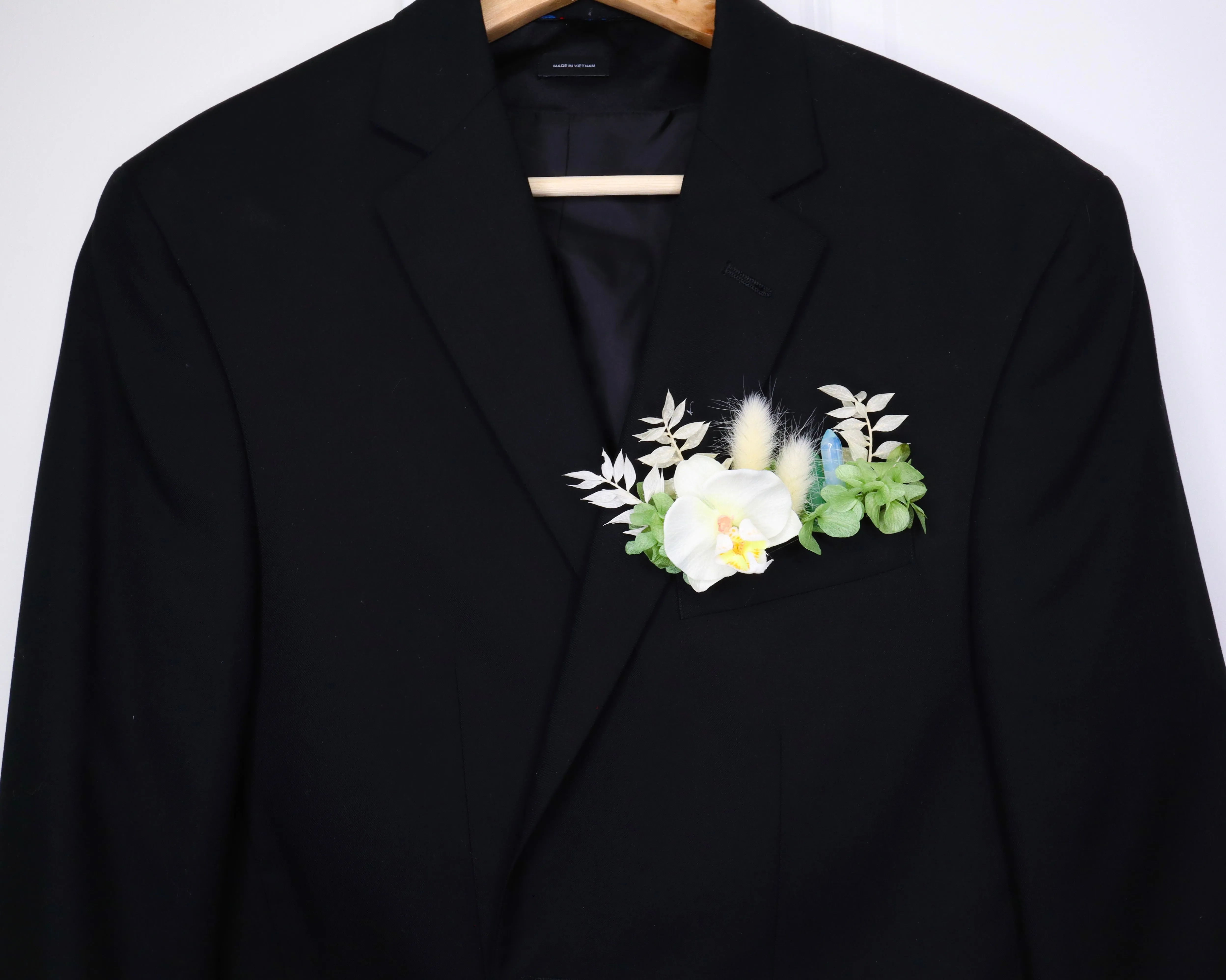 White Orchid & Crystal Pocket Boutonnière